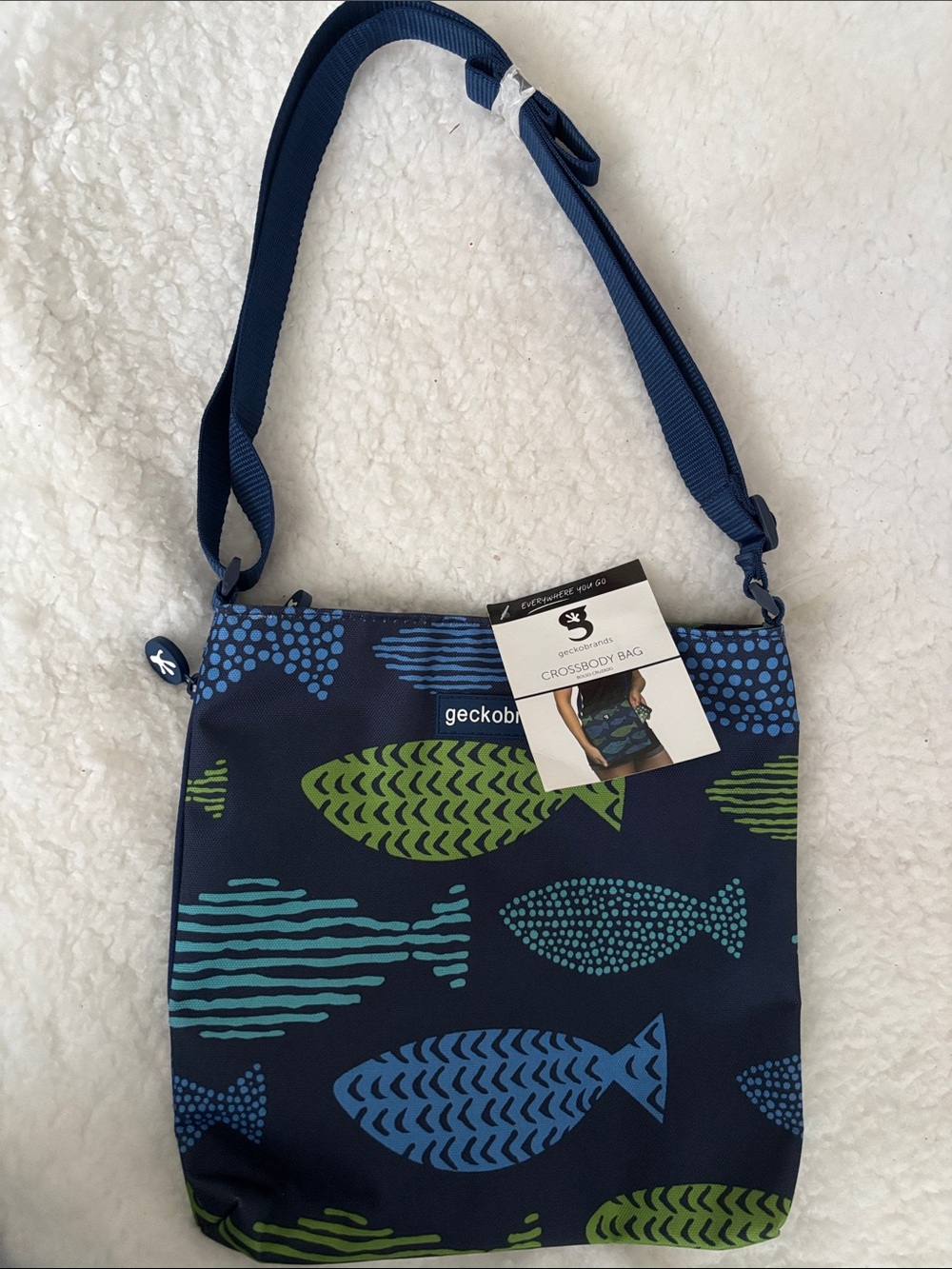 Navy Fish Print Crossbody Bag - Blue & Green